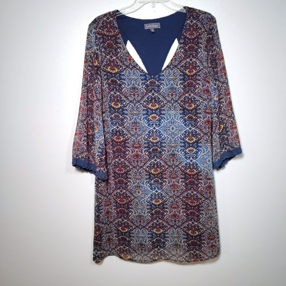 Luxology Women Size 12 Print Shift‎ Dress Baroque Tile Medallion 3/4 Sleeve - Picture 2 of 12
